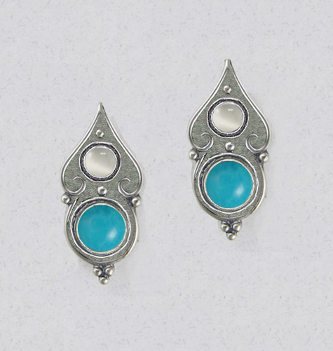 Sterling Silver Gothic Look Post Stud Earrings With Turquoise And White Moonstone